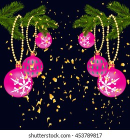 Green lush branch of spruce, with two sides decorated with gold confetti. Spruce branches with red balls. Isolated on a dark blue background. Vector illustration
