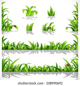 Green lush grass with dew and ladybirds - a set of elements for design