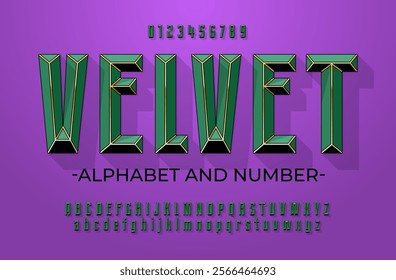 Green luxurious alphabet with gold inserts. Font in the color of expensive Victorian velvet inlaid with gold lines. Set with numbers, upper and lower case letters.