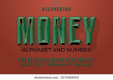 Green luxurious alphabet with gold inserts. Font in the color of expensive Victorian velvet inlaid with gold lines. Set with numbers, upper and lower case letters.