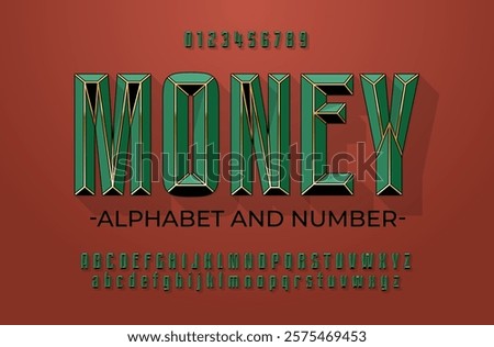 Green luxurious alphabet with gold inserts. Font in the color of expensive Victorian velvet inlaid with gold lines. Set with numbers, upper and lower case letters.