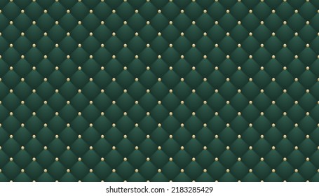 Green luxurious chesterfield capitone leather texture furniture seamless pattern. Rhombs background abstract texture of a luxury leather wall, chair, sofa, interior studio. Vector illustration
