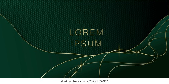 Green luxury abstract background with flowing gold wave lines and glowing points. Elegant emerald textured surface display. Minimalist premium design for business presentation or invitation.