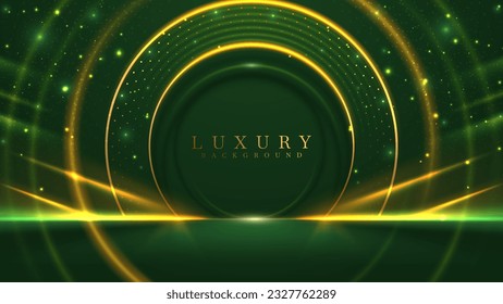 Green luxury background with gold line curve decoration and light effect with bokeh elements. Stage scene empty for promote product or award ceremony.