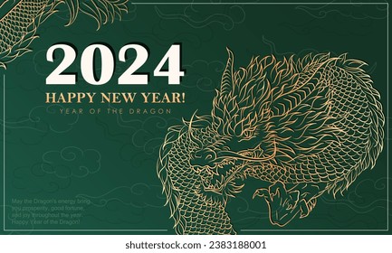 Green luxury banner with linear hand-drawn clouds and Asian dragon for 2024 New Year. Banner with golden dragon as Chinese traditional horoscope sign. A4 greeting card for Christmas holidays