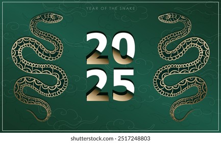 Banner de luxo verde com dois répteis de ouro enrolados e nuvens asiáticas para 2025 Ano Novo Chinês da Cobra. Cartão de saudação com cobras lineares desenhadas à mão como sinal de horóscopo oriental. Férias de Natal