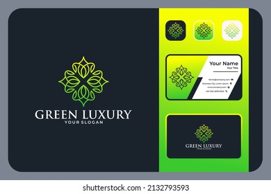 green luxury geometry flower logo design and business card