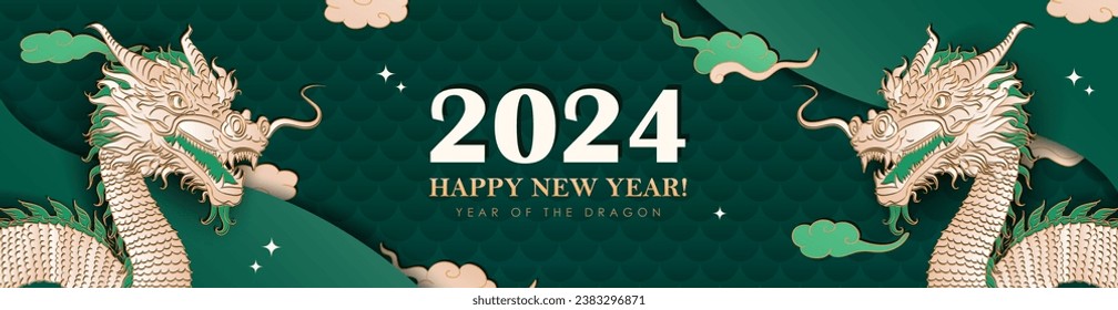 Green luxury header with hand drawn paper cut Chinese Dragon as a traditional symbol of 2024 New year. Panoramic banner with asian decoration- clouds, stars, dragon scales. Christmas layered billboard