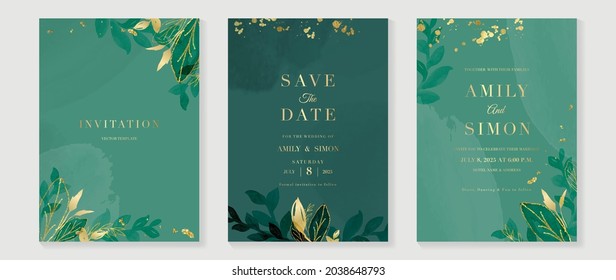 Green luxury wedding invitation card background  with golden line art flower and botanical leaves, Organic shapes, Watercolor. Abstract art background vector design for wedding and vip cover template.