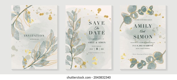 Green luxury wedding invitation card background  with golden line art flower and botanical leaves, Organic shapes, Watercolor. Abstract art background vector design for wedding and vip cover template.