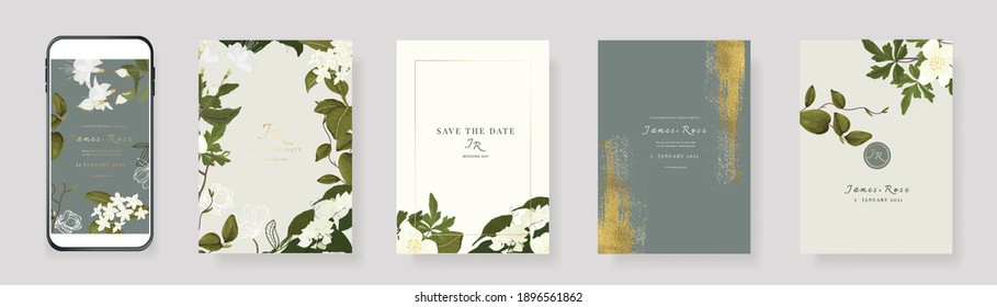 Green Luxury Wedding Invitation set, invite gracias, rsvp tarjeta moderna Diseño en verano ramas verdes de hojas decorativas Vector elegante plantilla rústica