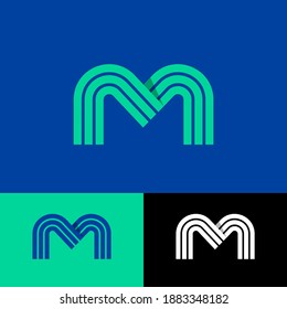 Green M letter. Linear monogram on a different backgrounds. Logo consist of three strips. Monochrome option.