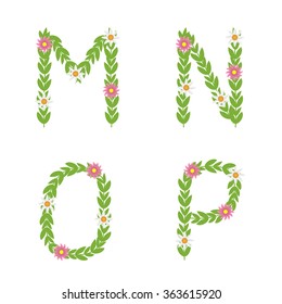 Green M N O P letters with flowers, Eco concept