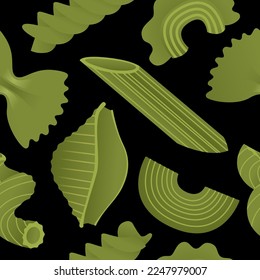 Green macaroni set. Vector illustration seamless pattern with flat dry Italian macaroni of various kinds, pasta, fusilli, conchiglio, rigatoni, farfalle, penne isolated on black background