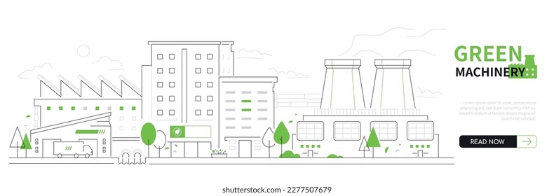 Green machinery - modern thin line design style vector banner on white urban background. Composition with factories with sustainable production, solar panels and wastewater treatment plants