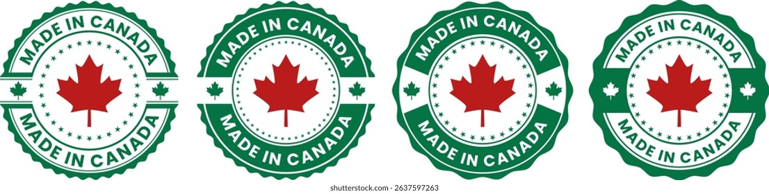 Green Made in Canada seal stamp collection featuring red maple leaf icons for authentic Canadian product labeling and national branding identity