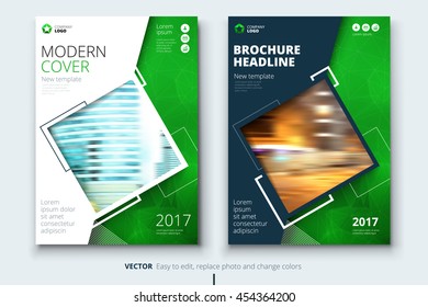 Green Magazine design. Corporate business template for brochure, report, catalog. Layout with modern square photo and abstract triangle background. Creative poster, flyer or banner concept