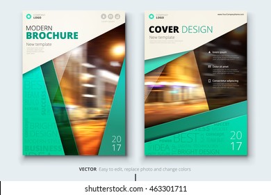 Green Magazine template.  Corporate business template for annual report, catalog, magazine. Layout with color ribbon and abstract city background. Leaflet, poster, flyer or banner concept