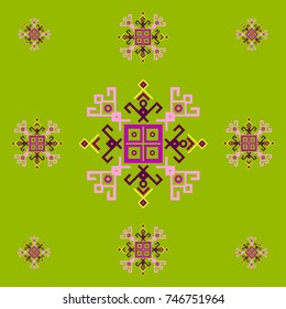Green and magenta ethnic design with traditional tribal motifs of crooked lines, triangles, squares, circles. Mayan symbol ethnic clothing pattern, geometric motifs. Embroidery style clothes pattern.