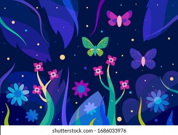 Green, magenta and purple butterflies in the night forest full of magic lights and beautiful plants.