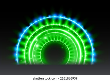 Green magic arc. Abstract magic light effect. Luminous neon arch lines with flying lights.