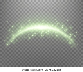 Arco mágico verde con partículas brillantes, lente de luz solar. Arco de bengala de energía realistas.    
Efecto abstracto de la luz sobre un fondo transparente. Ilustración vectorial.