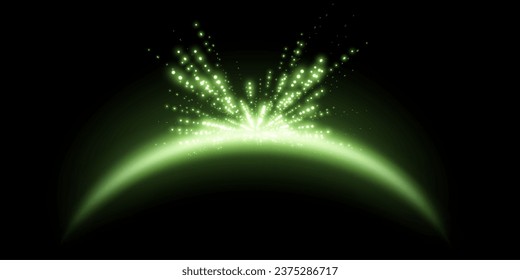 Green magic arch with glowing particles, sunlight lens flare. Neon realistic energy flare arch.    
Abstract light effect on a black background. Vector illustration.