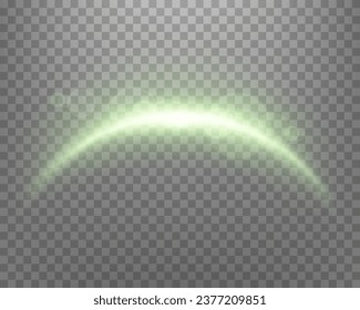 Arco mágico verde con partículas brillantes, lente de luz solar. Arco de bengala de energía realistas.    
Efecto abstracto de la luz sobre un fondo transparente. Ilustración vectorial.