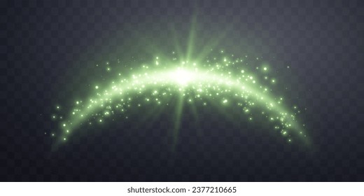 Green magic arch with glowing particles, sunlight lens flare. Neon realistic energy flare arch. Abstract light effect on a transparent background. Vector illustration.