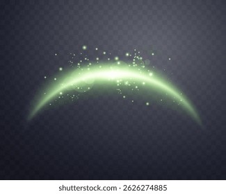 Green magic arch with glowing particles, sunlight lens flare. Neon realistic energy flare arch.    
Abstract light effect on a transparent background. Vector illustration.