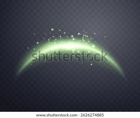 Green magic arch with glowing particles, sunlight lens flare. Neon realistic energy flare arch.    
Abstract light effect on a transparent background. Vector illustration.