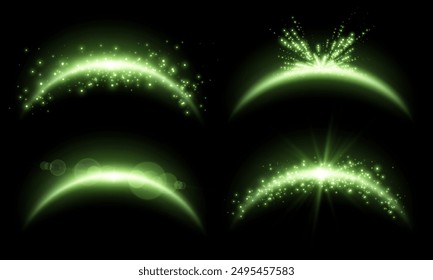 Green magic arches set with glowing particles, green sunlight lens flare. Neon realistic energy flare arch. Abstract light effect on a black background. Vector illustration.