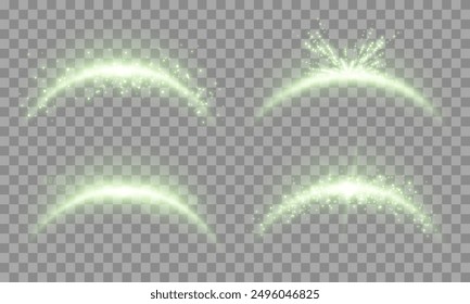 Arcos mágicos verdes con partículas brillantes, destello de lente de luz solar plateada. Arco de bengala de energía realista de neón. Abstractas efecto de luz sobre un fondo transparente. Ilustración vectorial.