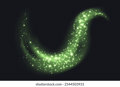 Green magic cloud with sparkles, stardust sparkling decoration. Glowing glitter smoke trail. Vector illustration.