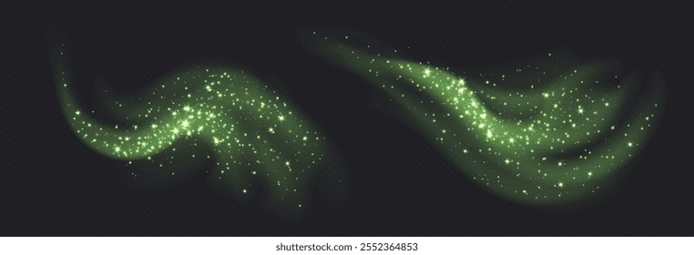 Green magic cloud with sparkles, stardust sparkling decoration. Glowing glitter smoke trail.