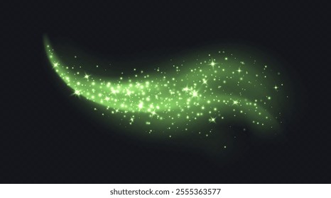 Green magic cloud with sparkles, stardust sparkling decoration. Glowing glitter smoke trail.