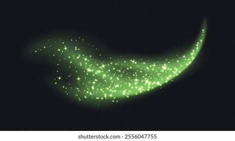 Green magic cloud with sparkles, stardust sparkling decoration. Glowing glitter smoke trail.