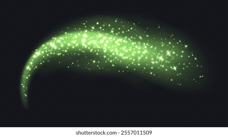Green magic cloud with sparkles, stardust sparkling decoration. Glowing glitter smoke trail.