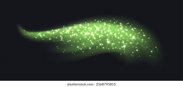 Green magic cloud with sparkles, stardust sparkling decoration. Glowing glitter smoke trail.
