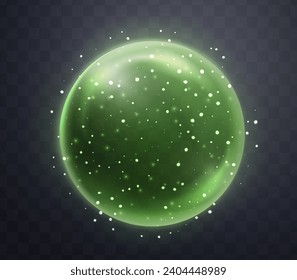 Grüne magische Fantasiesphäre. Kristallkugel mit leuchtenden Funkeln und Partikeln. Energiebild mit glattem Flammeneffekt. Einzeln auf transparentem Hintergrund. Vektorgrafik.