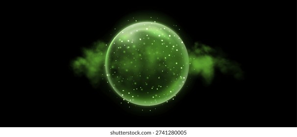 Green magic fantasy sphere. Crystal ball with glowing sparkles and particles. Energy orb with glow flare light effect. Isolated on black background. Vector illustration.