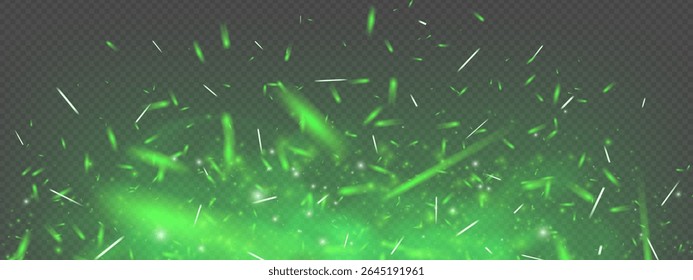 Green magic fire and glowing chaotic sparks with flame and toxic fog. Dark fantasy background with flying particles, neon glow and ember effect. Abstract festive vector texture with energy burst.