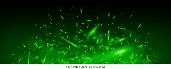 Green magic fire and glowing sparks with flame and toxic fog. Dark fantasy background with flying particles, neon glow, bokeh and ember effect. Abstract festive vector texture with energy burst.