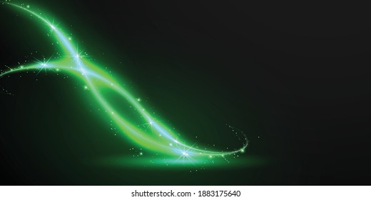 Green magic fire Sparkling glitter and green confetti shimmering, falling starlight effect. Glittering particles isolated on transparent black background. Vector illustration