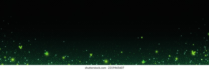 Green magic firefly bug light glow vector effect. Glowworm dust spell fairy tale shine isolated on black transparent background. Insect spark particle with stardust fantasy illustration below design