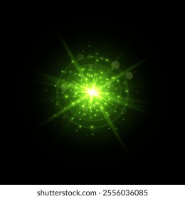 Green magic flare light effect, glowing colorful star burst with shimmering sparkles with radiant beams.