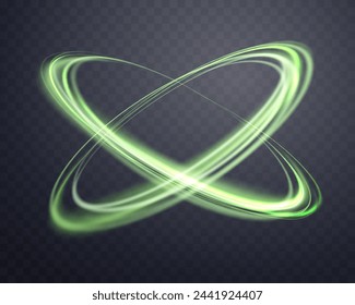 Green magic glowing ring. Neon realistic energy flare halo ring. Abstract light effect on a dark transparent background. Vector illustration.