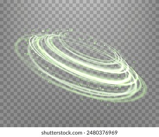 Green magic glowing ring. Neon realistic energy flare halo ring. Abstract light effect on a transparent background. Vector illustration.