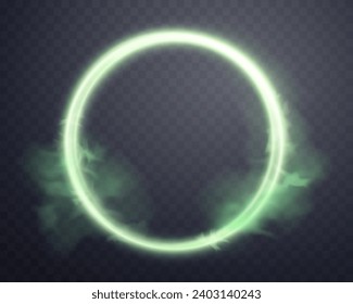 Green magic glowing ring with smoke. Neon realistic energy flare halo ring. Abstract light effect on a dark transparent background. Vector illustration.