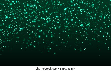 Green magic lights. Glowing sparkles. Falling abstract particles. Shining green confetti. Light effect. Falling stars. Glittering particles. Holiday shimmering lights. Vector illustration.